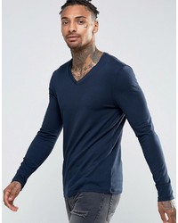 Asos Long Sleeve Muscle T Shirt With V Neck In Navy