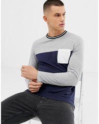 ASOS DESIGN Long Sleeve T Shirt With Contrast Yoke And Pocket In Navy