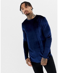 ASOS DESIGN Longline Long Sleeve T Shirt In Velour With Curved Hem In Navy