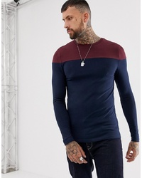 ASOS DESIGN Muscle Fit Long Sleeve T Shirt With Contrast Yoke In Navy