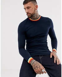 ASOS DESIGN Muscle Fit Longline Long Sleeve T Shirt With Tipping In Navy