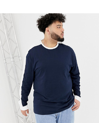 ASOS DESIGN Plus Relaxed Longline Long Sleeve T Shirt With Contrast Shoulder Panel In Navy