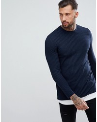 ASOS DESIGN Super Longline Muscle Fit Long Sleeve T Shirt In Twisted Rib In Navy