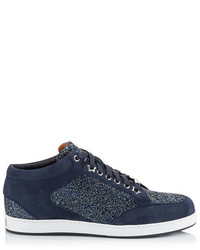 Jimmy Choo Miami Navy Crackly Glitter Fabric Low Top Trainers