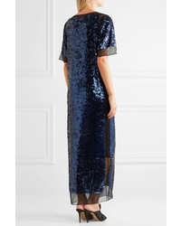 By Malene Birger Lines Sequined Stretch Mesh Maxi Dress Blue