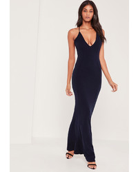 Missguided Cross Back Plunge Fishtail Maxi Dress Navy