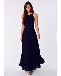 Missguided Kamilinka Lace Backless Maxi Dress In Navy