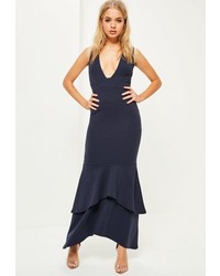 Missguided Navy Crepe Plunge Fishtail Maxi Dress