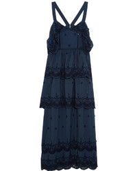 Self-Portrait Tiered Broderie Anglaise Trimmed Crepe Gown Navy