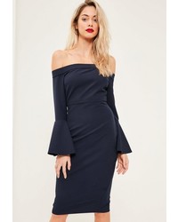 Missguided Navy Bardot Frill Sleeve Midi Dress