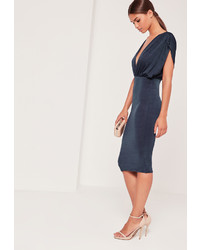 Missguided Plunge Wide Sleeve Midi Dress Navy