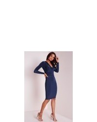 Missguided Slinky Cowl Front Midi Dress Navy
