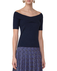 Akris Punto Off The Shoulder Ribbed Knit Top Navy
