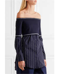 DKNY Off The Shoulder Stretch Knit And Poplin Top Navy