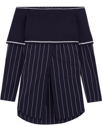 DKNY Off The Shoulder Stretch Knit And Poplin Top Navy