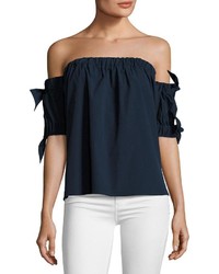 Milly Off The Shoulder Stretch Poplin Bow Top Navy