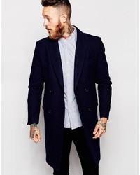 Asos Brand Double Breasted Overcoat In Navy