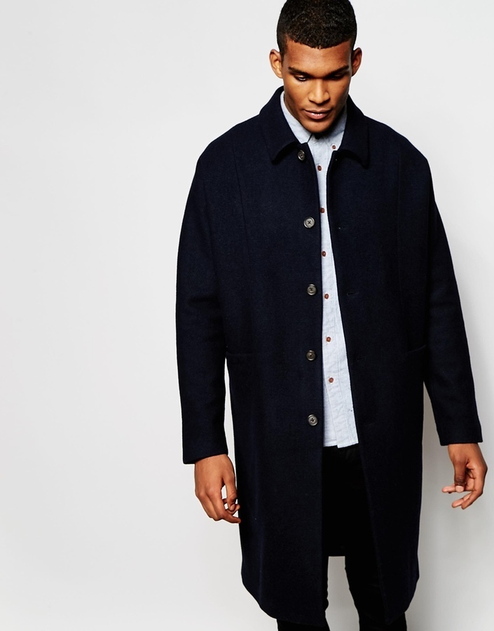 Asos Brand Overcoat With Point Collar In Navy, $154 | Asos | Lookastic
