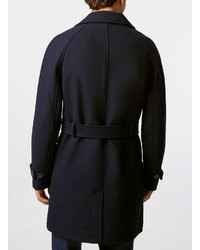 Topman Navy Wool Blend Belted Trench Coat