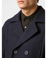 Topman Navy Wool Blend Belted Trench Coat