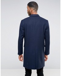 Asos Wool Mix Double Breasted Overcoat In Navy