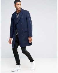 Asos Wool Mix Double Breasted Overcoat In Navy