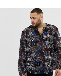 ASOS DESIGN Plus Regular Fit Paisley Overhead Shirt With Lace Up Front In Navy