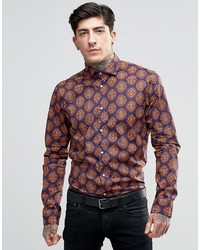 Scotch & Soda Shirt With All Over Paisley With Cut Away Collar In Slim Fit With Stretch In Navy
