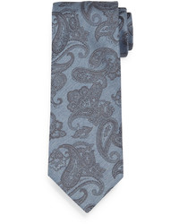 Brioni Paisley Print Chambray Silk Tie Blue