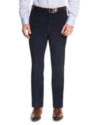 Isaia Corduroy Flat Front Trousers Blue