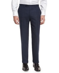Canali Heathered Flat Front Trousers Navy