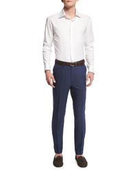 Brioni Micro Tic Flat Front Trousers Navy