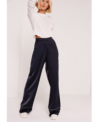 Missguided Premium Satin Piped Detail Trousers Navy