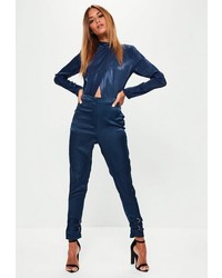 Missguided Navy Satin Double Ankle Strap Cigarette Pants