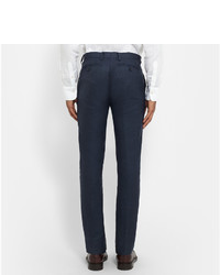 Etro Navy Slim Fit Hemp And Cotton Blend Trousers