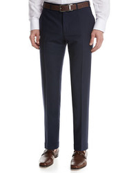 Canali Solid Wool Flat Front Pants Blue