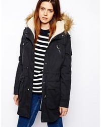 Asos Faux Fur Hooded Detachable Lined Parka Navy