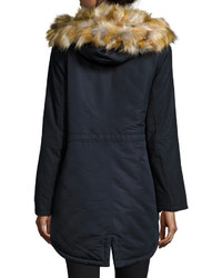 French Connection Hooded Jacket With Faux Fur Trim Blue