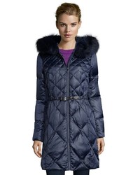 1 Madison Navy Diamond Quilted Fur Hooded Down Parka