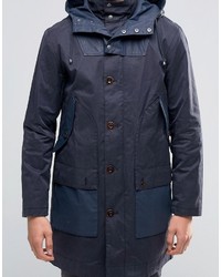 Pretty Green Parka In Waxed Cotton With Two Tone Details Detachable Hood In Navy