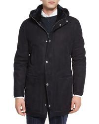 Brunello Cucinelli Suede Shearling Fur Lined Parka Navy