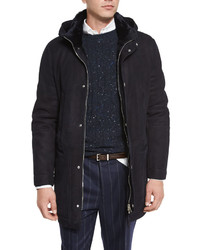 Brunello Cucinelli Suede Shearling Fur Lined Parka Navy