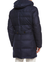 Brunello Cucinelli Wool Blend Long Parka With Removable Hood Navy