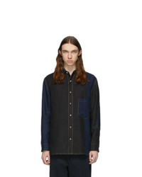 Navy Patchwork Linen Long Sleeve Shirt