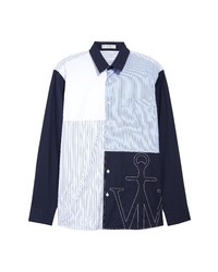 JW Anderson Patchwork Anchor Relaxed Fit Long Sleeve Button Up Cotton Shirt