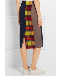 Acne Studios Polina Patchwork Checked Wool Blend Pencil Skirt Navy