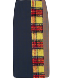 Acne Studios Polina Patchwork Checked Wool Blend Pencil Skirt Navy