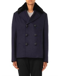Balenciaga Fur Collar Wool Blend Pea Coat