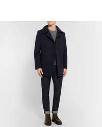 Tom Ford Leather Trimmed Felted Wool Blend Peacoat