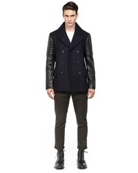 Mackage Clyde Navy Winter Wool Jacket With Leather Sleeves